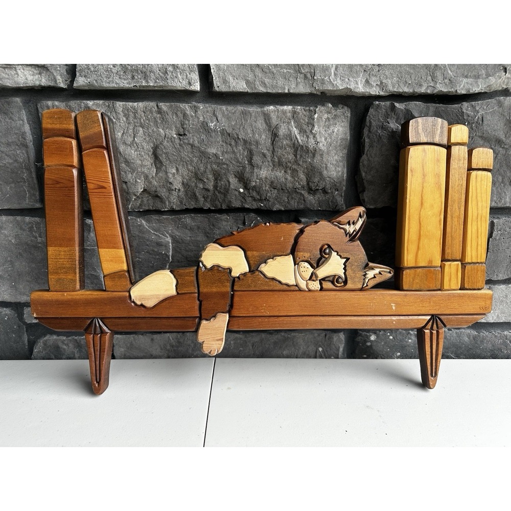 Vintage Intarsia Wood Wall Art Cat Bookshelf Decorative Hanging Cottage Granny